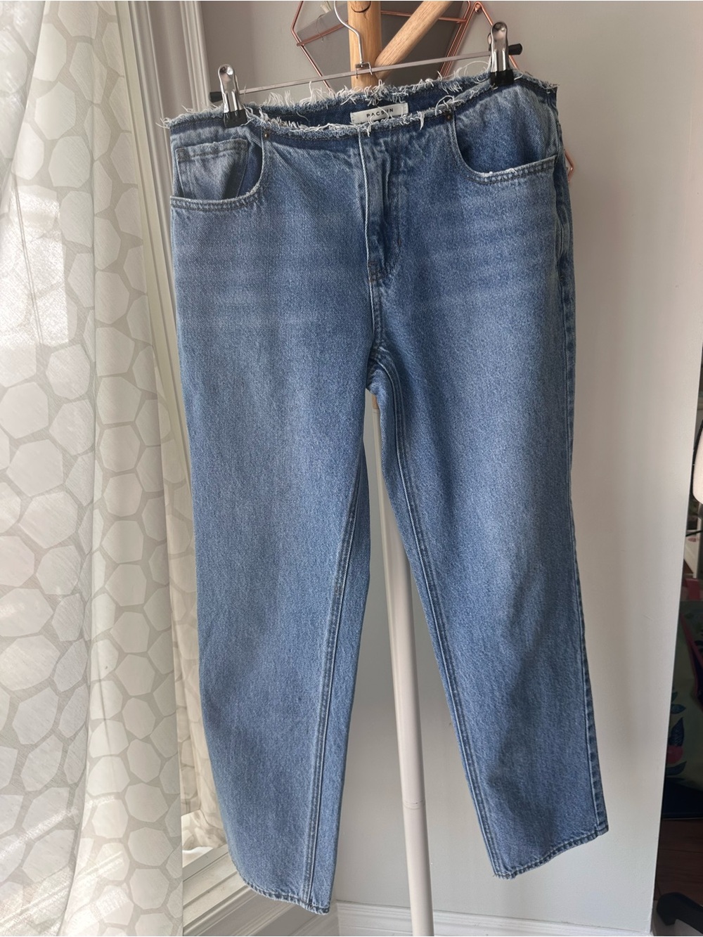 PACSUN No Waist Band Distressed Waist Blue Low-Rise 90s Jeans Straight Leg Sz 27